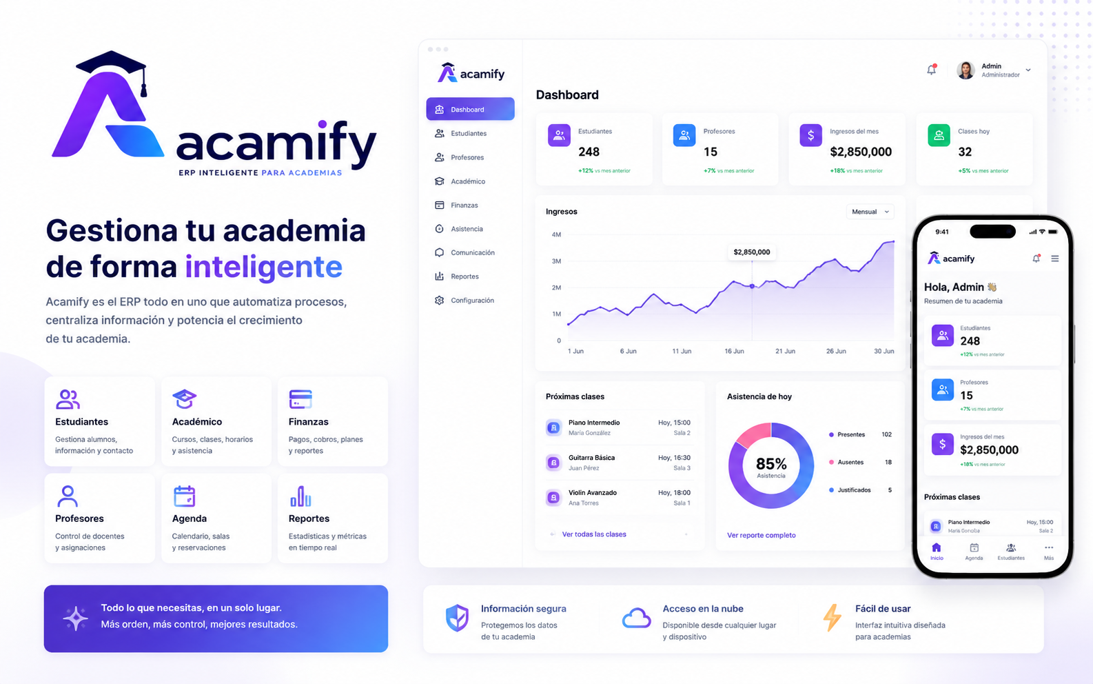 Vista publica oficial de Acamify ERP para academias